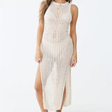 Lumento Crochet Cover Ups for Women Hollow Out Sleeveless Bikini Swimsuit Swimwear Side Split Long Beach Dress