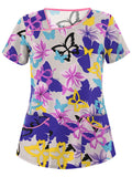 Women's Floral Printed V-Neck Tops Short Sleeve Pockets Casual T-Shirt Blouse