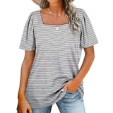 Women Loose Solid Color Ruched Tunic Short Sleeve Stripe T Shirts