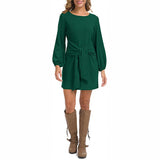 Women Solid Color Puff Sleeve Mini Dress Casual Loose Lace Up Pencil Tunic Dress