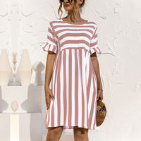 Women Fashion Skirt Striped Printed Short Sleeve Round Neck Casual Dress Ruffles