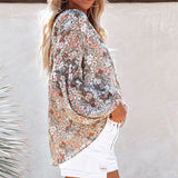 Ladies V-neck Floral Blouse Women's Lantern Long Sleeves Loose Fit Tops Shirts