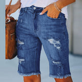 Women Tassel Skinny Stretch Ripped Midi Jeans Streetwear Summer Denim Short Pant