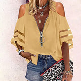 Lumento Women V Neck Zip Up Blouses Half Bell Sleeve Loose Casual Shirts Tops