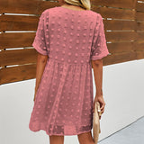 Women Solid Pom Pom V Neck Mini Dress Ruffle Short Sleeve Swing Dress Casual Summer Beach Sundress