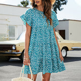 Ladies Floral Print Ruffle Dress Short Sleeve Summer Round Neck Loose Mini Dress