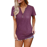 Womens V-Neck Blouses Short Sleeve Button Up Tunic Tops Casual Summer Henley Shirt Solid Color Basic T Shirt