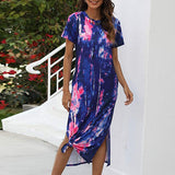 Lumento Women's Short Sleeve Split Maxi Dress Casual Tie Dye Print Shirt Long Dress with Pockets