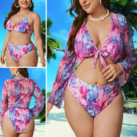 Women Plus Size Swimsuit 3 Piece Tankini Bathing Suit Long-sleeved Gradient Beachwear Front Bow Tie Swimwear
