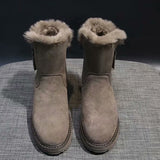 Lady Solid Color Ankle Boots Flat Shoes Warm Booties Side Zip Round Toe High Top