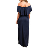 Sexy Off Shoulder Long Maxi Dress for Women Short Sleeve Summer Beach Sundress Split Ruffle Dress with Pocket