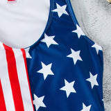Women 4th Of July Swimming Suit Tummy Control Backless One Piece Swimsuit Independence Day Padded Swimwear Scoop Neck Hot Spring Beach