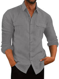 Mens Front Pockets Holiday Autumn Shirts Hawaiian Buttons Tee Plain Turn Down Collar T Shirt