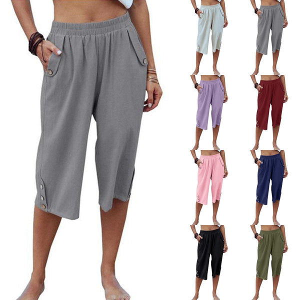 Women Yoga Capris Pants Button Straight Leg Loose Comfy Lounge Pants