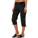 Women With Pockets Capri Pants Comfy Bottoms Loose Fit Casual Cropped Trousers Drawstring Elastic Waist Straight Leg Cargo Pant