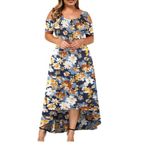 Lumento Plus Size Women Dress Sexy Cold Shoulder Floral Print Long Dress Party Beach Dress