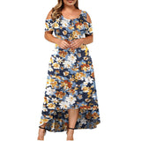 Lumento Plus Size Women Dress Sexy Cold Shoulder Floral Print Long Dress Party Beach Dress