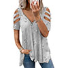 Women's Zipper V Neck Casual T-shirts Summer Hollow Short Sleeve Loose Fit Tops
