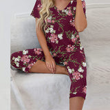 Women Floral Pajama Set Sleepwear Tops with Capri Pants Outfits Ladies Summer Comfy Sleep Nightshirt PJS Set