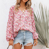 Ladies V-neck Floral Blouse Women's Lantern Long Sleeves Loose Fit Tops Shirts