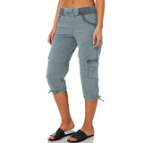 Women With Pockets Capri Pants Comfy Bottoms Loose Fit Casual Cropped Trousers Drawstring Elastic Waist Straight Leg Cargo Pant