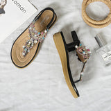 Women's Flat Sandals T-Strap Boho Style Rhinestone Flower Bead Summer Sandals