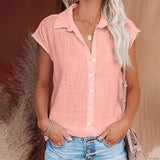 Women Solid Short Sleeve Shirt Lapel Blouse Baggy Loose Tunic Casual Tops Button-Down Cardigan