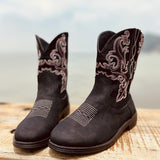 Women's Western Boots Cowboy Mid-Calf Round Toe Leather Shoes Black US Size 10