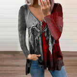 Women's Color Printed V Neck Zip T-shirt Long Sleeve Pullover Casual Loose Tops