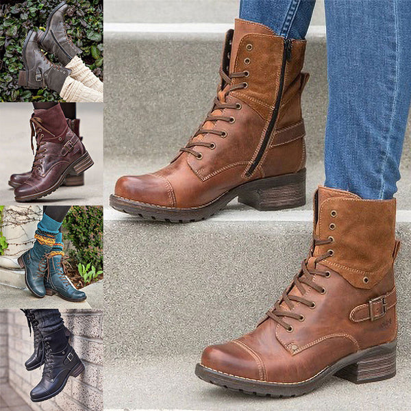 LADIES WOMENS FLAT LOW HEEL LACE UP ARMY MILITARY COMBAT BIKER ANKLE BOOTS SIZE