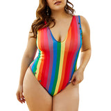Women Rainbow One-piece Swimming Suit Plus Sizes Swimwear Tummy Control Beachwear V Neck Bathing Suit