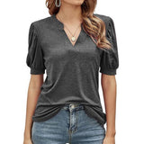 Women's V Neck T-shirts Short Lantern Sleeve Tops Sweet Tee Solid Color Blouse