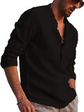 Mens Casual Cotton Linen Henley Shirts Long Sleeve T-shirt Tops Pullover Buttons