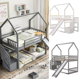 Goory Twin Over Twin Stairway Bunk Bed with Storage and Convertible Slide , Heavy Duty Bunk Beds Frame House Bunk Bed for Kids