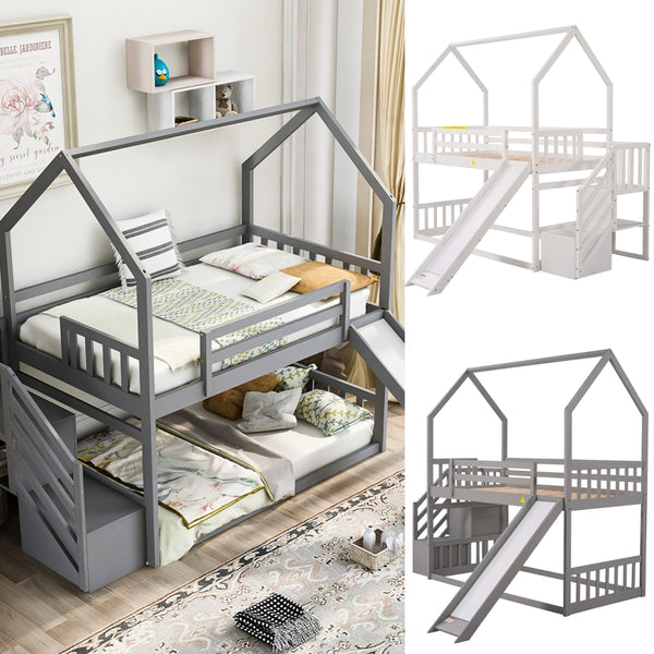 Goory Twin Over Twin Stairway Bunk Bed with Storage and Convertible Slide , Heavy Duty Bunk Beds Frame House Bunk Bed for Kids