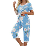 Women Floral Pajama Set Sleepwear Tops with Capri Pants Outfits Ladies Summer Comfy Sleep Nightshirt PJS Set