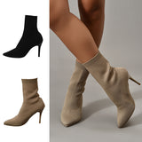 Womens Knitted Stretch Cloth Slip On Ankle Boots Pointed Toe Fashionable Kitten High Heels Boots