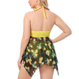 Women Plus Size Swimming Dress Yellow Swimsuit Tummy Control Swimwear Backless Beachwear Bathing Suit