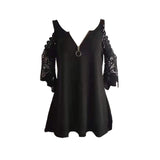 Women Solid Color Hollow Lace Sleeve Strappy Casual Tops T-Shirt Blouse Pullover