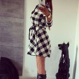 Women's Plaid Check V-Neck Long Sleeve A-Line Mini Dress Lace Up Casual Dresses