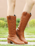 Women's Fashion Embroidery Western Chunky Pointed Toe Mid Calf Boots