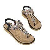 Women's Flat Sandals T-Strap Boho Style Rhinestone Flower Bead Summer Sandals
