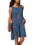 Women Summer Print Tank Dress Fashion Sleeveless Casual Loose Crew Neck Dress Beach Holiday Swing Sundress