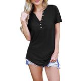 Womens V-Neck Blouses Short Sleeve Button Up Tunic Tops Casual Summer Henley Shirt Solid Color Basic T Shirt