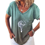 Women Summer Gradient Top V Neck Short Sleeve T Shirt Casual Dandelion Print Blouse Loose Pullover
