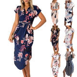 Women Casual Short Sleeve Midi Dress Ladies V-Neck Shirt Dress Sundress Lace Up