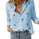 Womens Bird Printed Linen Shirt Long Sleeve Tops Blouse Casual Tunic Button-Down