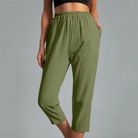 Women's Cotton Straight Capri Pants Casual Elastic Waist Trousers with 2 Pockets