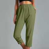 Women's Cotton Straight Capri Pants Casual Elastic Waist Trousers with 2 Pockets