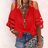 Lumento Women V Neck Zip Up Blouses Half Bell Sleeve Loose Casual Shirts Tops